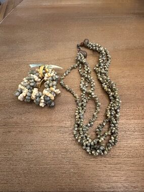 🐚 Handcrafted Multi-Strand Shell Necklace & Bracelet Set in Calming Sage Green